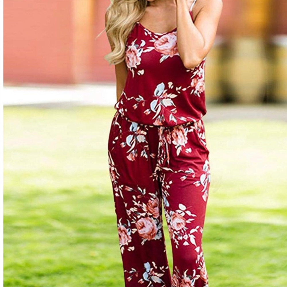 Wine red floral jumpsuit